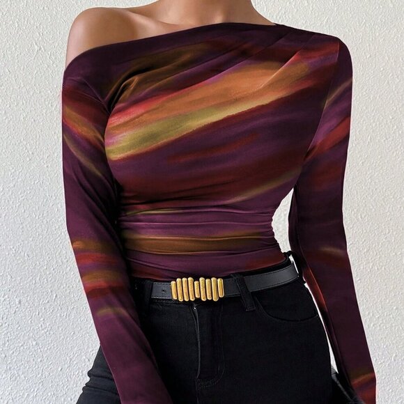 Casual Women's Marble Ombre Print Asymmetric Neck Fitted top - Picture 2 of 6